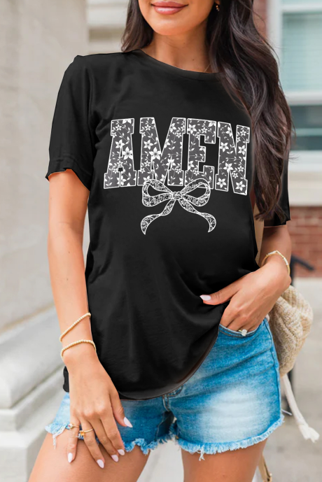 T-shirt stampata con fiocco floreale AMEN nero