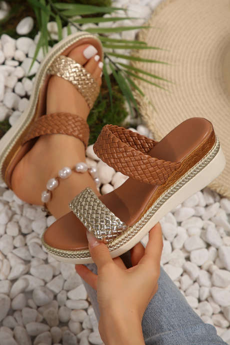 Pantofole con zeppa in pelle PU a doppia fascia intrecciata in oro