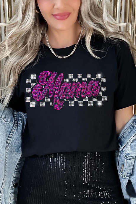 Camiseta con gráfico de letras "Mamá" y diamantes de imitación negros LC25228761-2