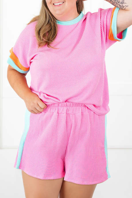 Ensemble t-shirt et short en tricot côtelé à blocs de couleurs Bonbon grande taille