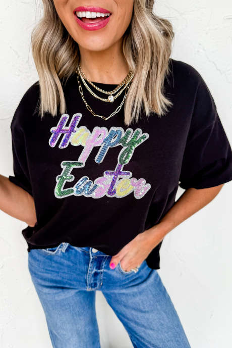 Maglietta grafica con paillettes nere e scritta "Happy Easter"