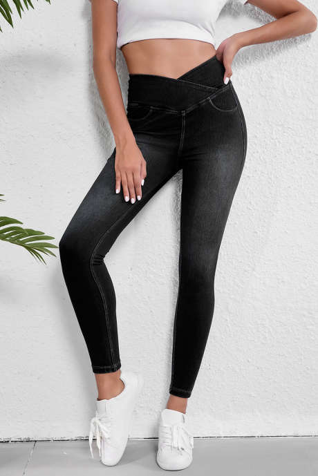 Jegging noir extensible à taille arquée, coupe slim