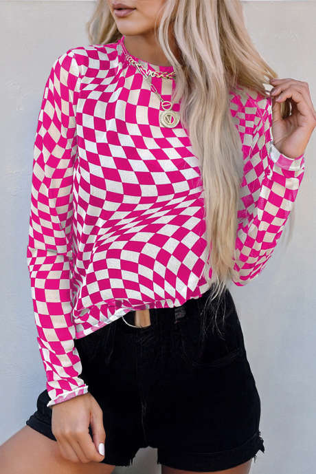 Top a maniche lunghe con collo alto in maglia a scacchi rosa