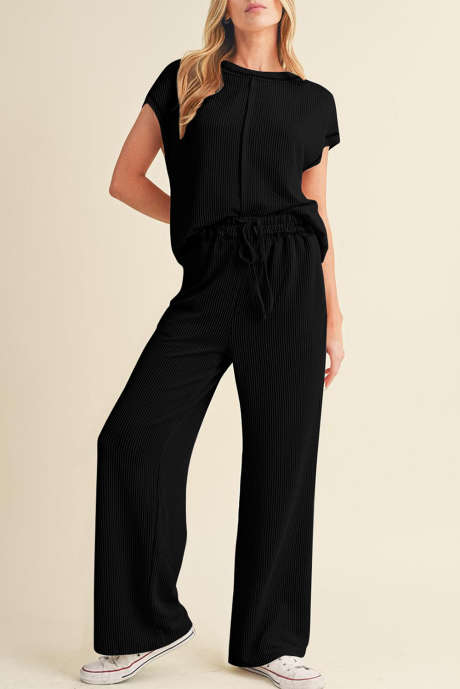 Black Solid Color Corded Short Sleeve Top and Casual Pants Set