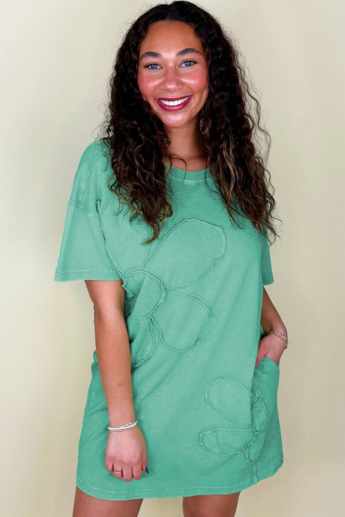$13.66 Mint Green Mineral Wash Flower Patchwork Mini T Shirt Dress Wholesale