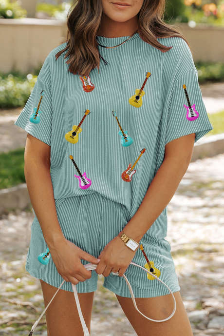 Set di pantaloni con cordoncino e stampa chitarra blu islandese LC627544-P104