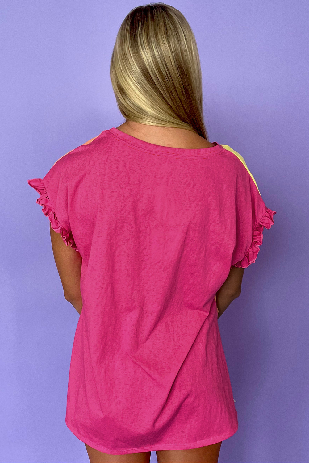 $5.65 Rose Red Color Block Ruffled Crew Neck Loose Fit T $5.65 Rose Red Color Block Ruffled Crew Neck Loose Fit T