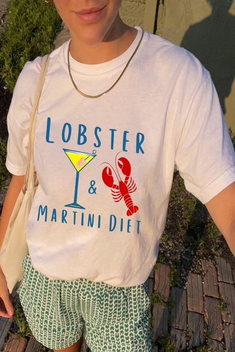 T-shirt blanc imprimé cocktail LOBSTER MARTINI DIET et écrevisses