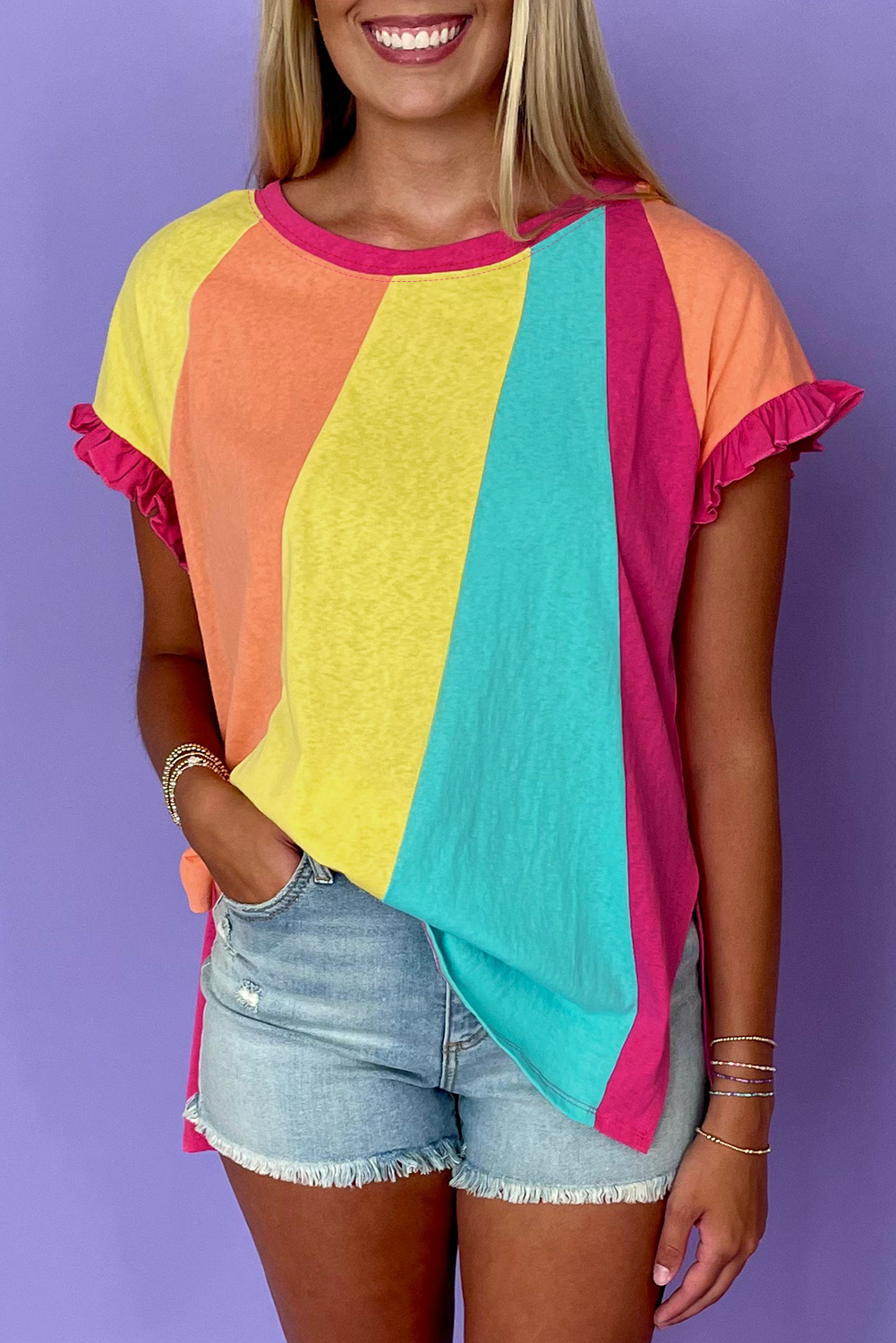 $5.65 Rose Red Color Block Ruffled Crew Neck Loose Fit T $5.65 Rose Red Color Block Ruffled Crew Neck Loose Fit T