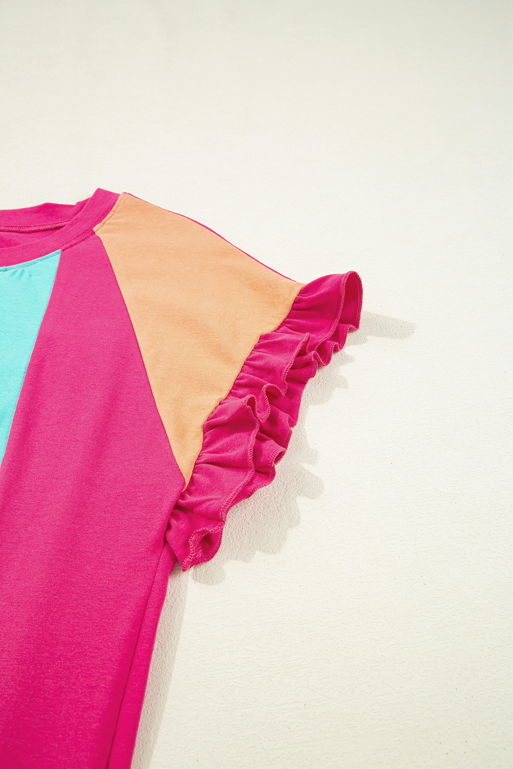 $5.65 Rose Red Color Block Ruffled Crew Neck Loose Fit T $5.65 Rose Red Color Block Ruffled Crew Neck Loose Fit T