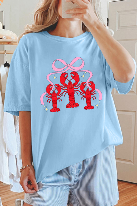 T-shirt coupe décontractée bleu clair à imprimé écrevisses