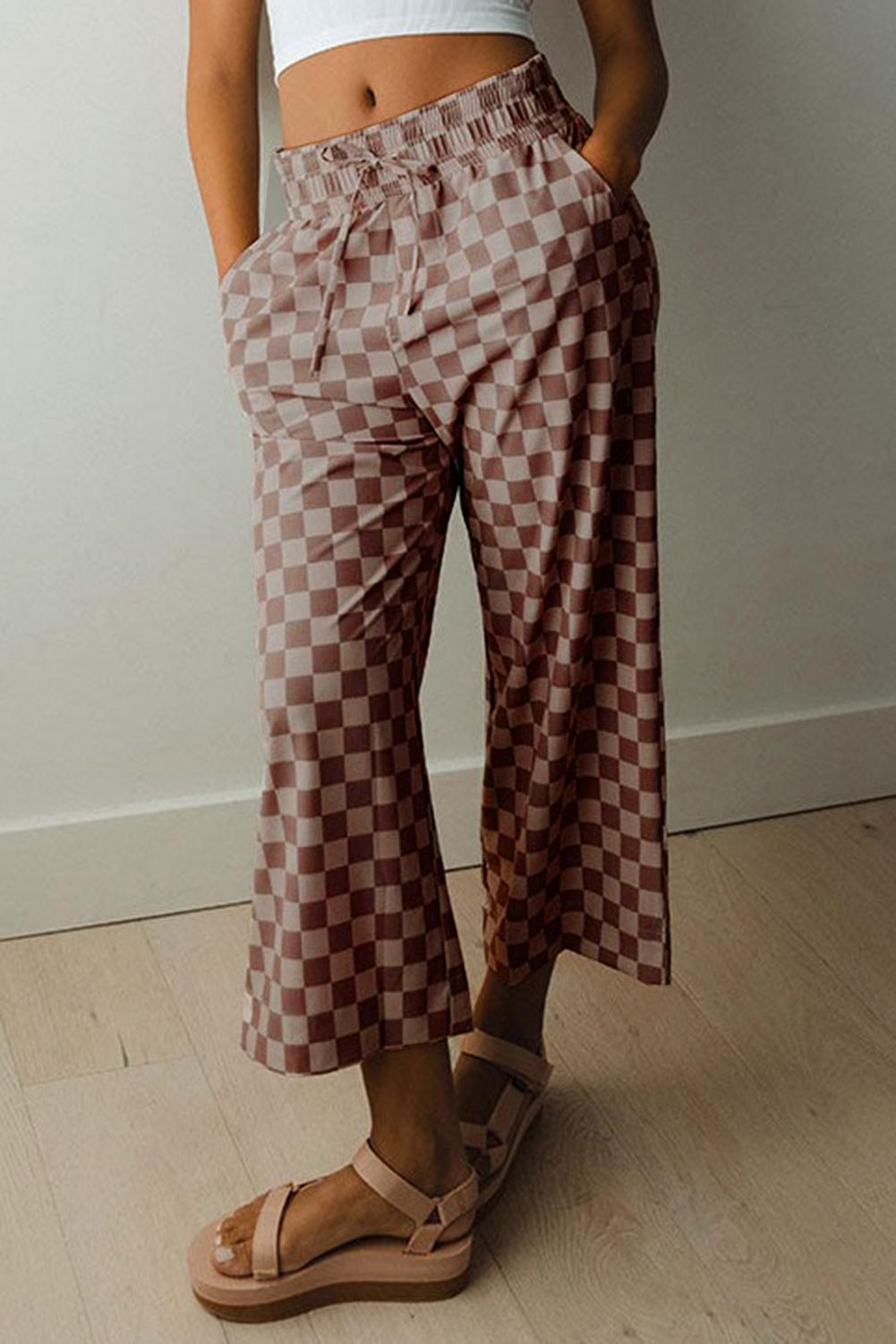 $6.15 Khaki Checkered Elastic High Waist Loose Casual Pants