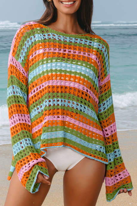 Copricostume da spiaggia con maglione aperto a righe multiple di carota