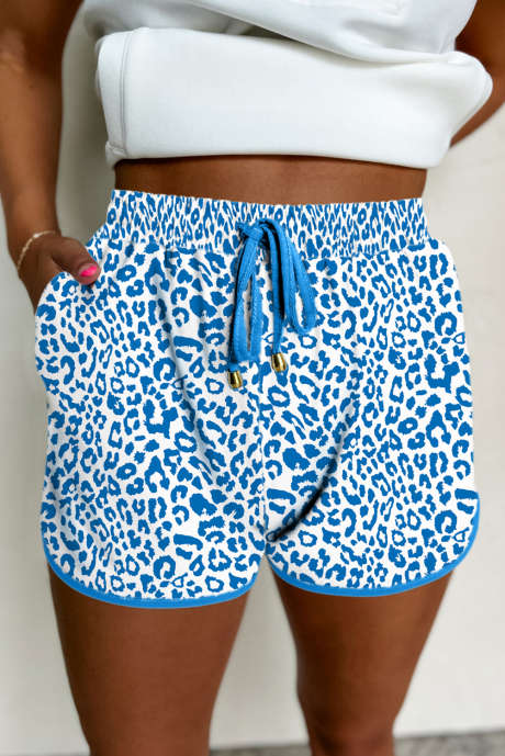 Blue Leopard Elastic Waistband Lace up Contrast Trim Casual Shorts