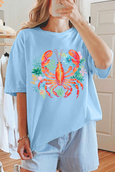 T-shirt graphique bleu clair à motif floral et homard d'été
