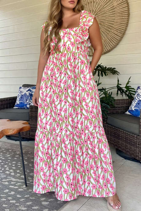 Růžové květinové maxi šaty s volánovým lemem se čtvercovým výstřihem a vysokým pasem