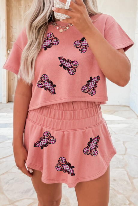 Ensemble t-shirt court à paillettes et short taille haute à patchs homard