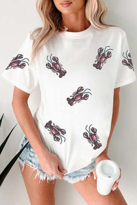 T-shirt ras du cou blanc à paillettes et motif homard