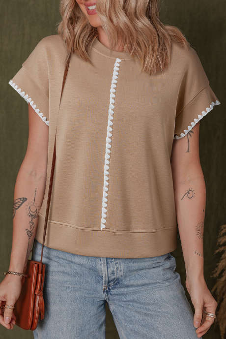 Strogeel Ric Rac Kleurcontrast Geribbelde Rand Ronde Hals T-shirt