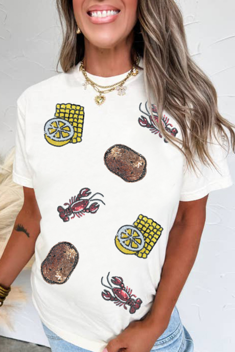 T-shirt ras du cou à paillettes blanches, motif écrevisses, pommes de terre, citron et maïs
