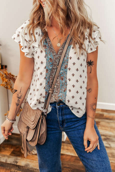 Witte Boho-patroon gelaagde geplooide mouw V-hals blouse met knopen