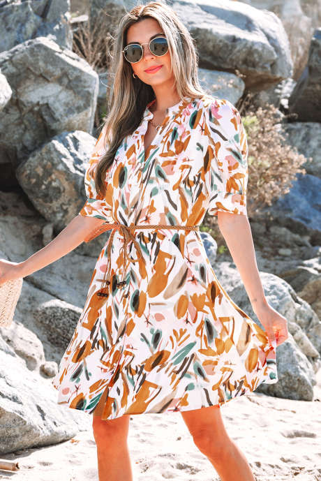 Brown Abstract Printed Puff Sleeve Button Up Braided Belt Mini Dress