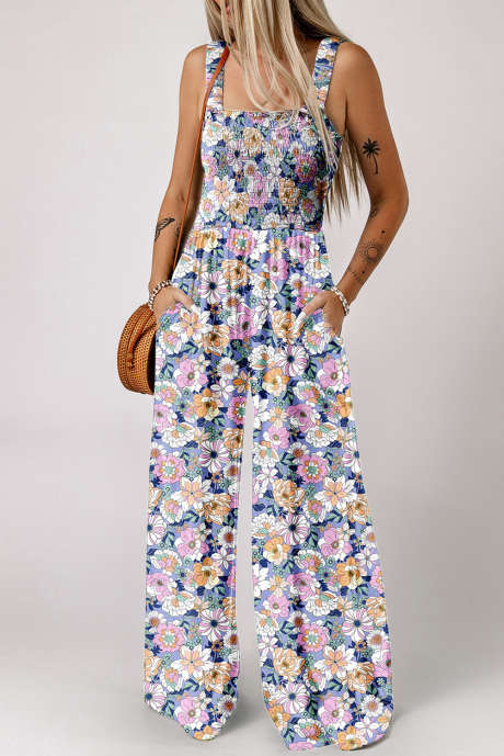 Paarse bloemenprint gesmokte hoge taille vierkante hals jumpsuit