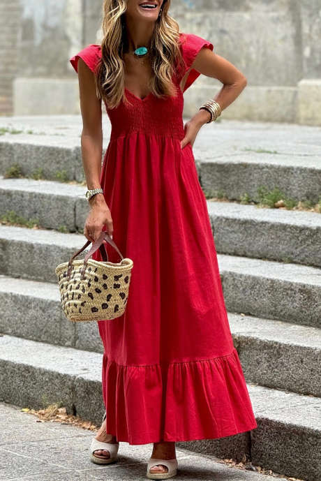 Robe longue rouge feu à col en V et manches flottantes, corsage froncé, taille haute, volantée