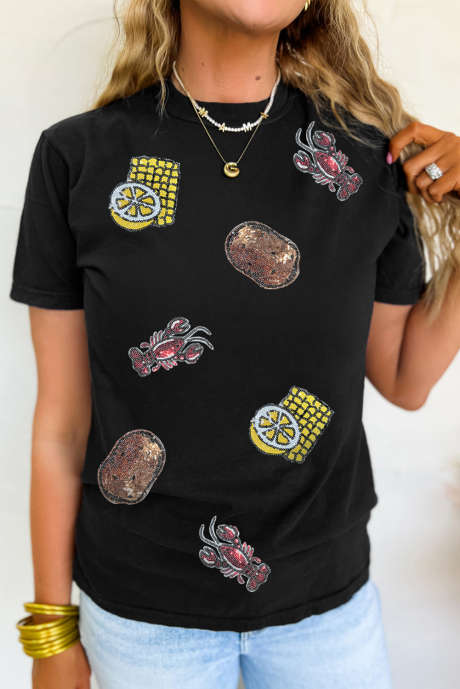 T-shirt ras du cou à paillettes noires, motif écrevisses, pommes de terre, citron et maïs