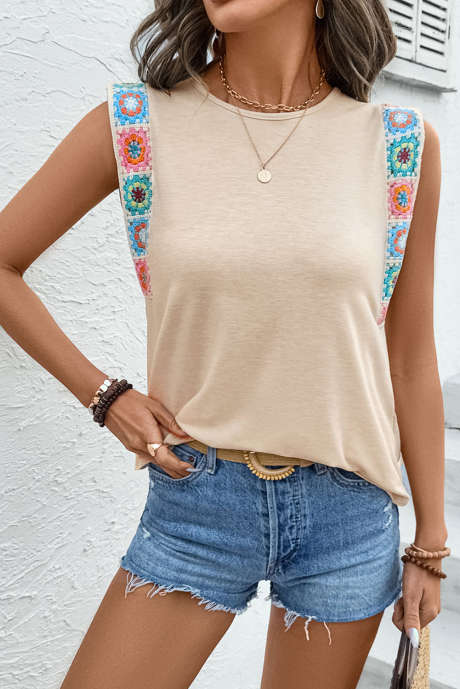 Débardeur à col rond en patchwork floral au crochet Jet Stream