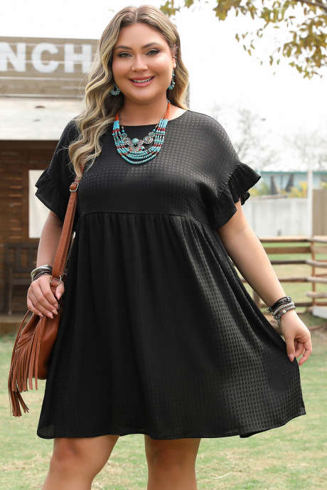 Black Textured Ruffled Sleeve Babydoll Plus Dress