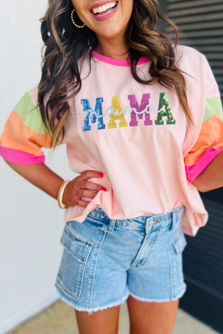 Pink Sequin MAMA Letter Graphic Color Block Patchwork Sleeve T-paita