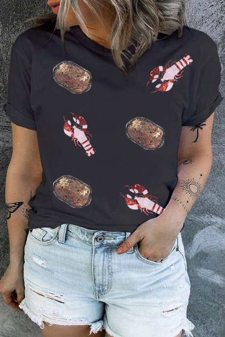 T-shirt noir à paillettes et motif écrevisses et pommes de terre, grande taille