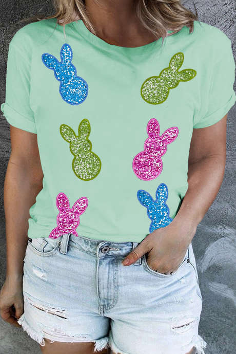 T-shirt ras du cou bleu islandais à paillettes motif lapin de Pâques grande taille