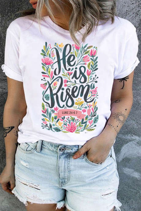 T-shirt ras du cou blanc à imprimé floral « He is Risen » grande taille