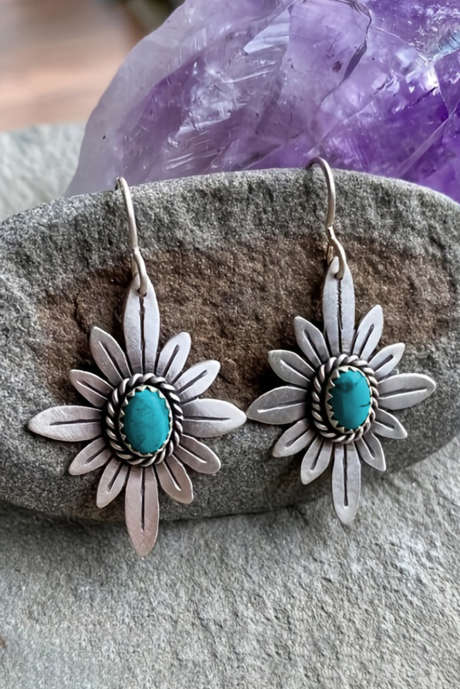 Silvery Western Turquoise Flower Shape Hook Earrings