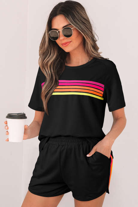 Black Striped Patch Front Casual Tee
