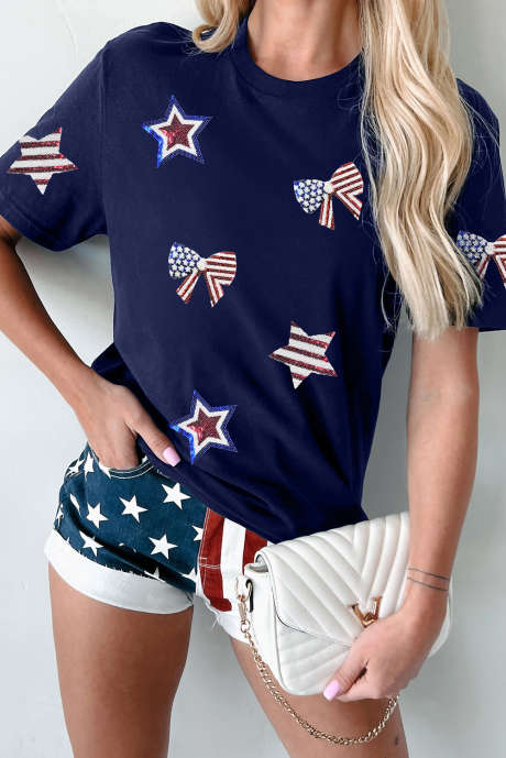 Blue Sequin USA Flag Bow Star Graphic Crewneck T Shirt