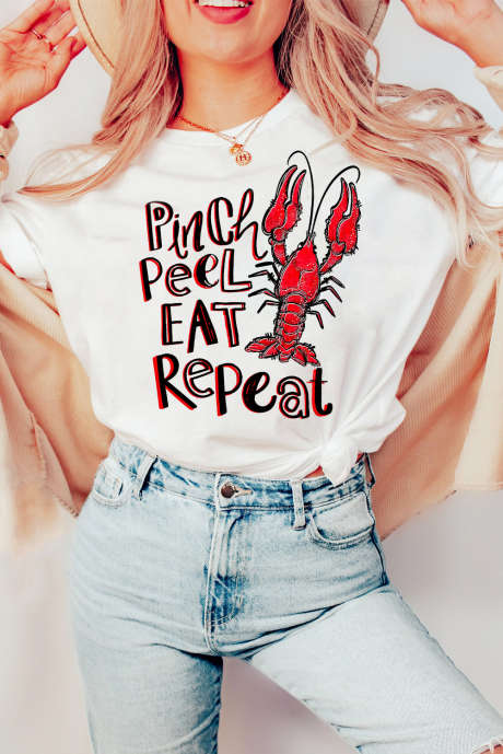 T-shirt ras du cou blanc à imprimé écrevisses « Pinch Peel Eat Repeat »