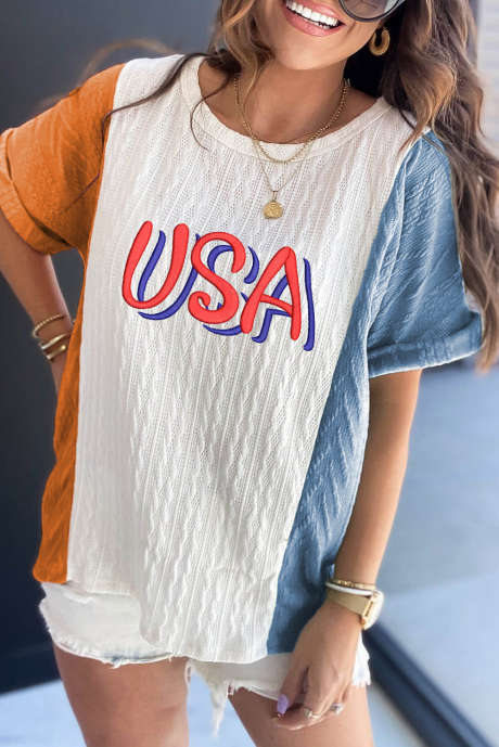 Light Blue USA Embroidered Cable Textured Knit Cuffed Sleeve Colorblock Tee LC25229005-P4
