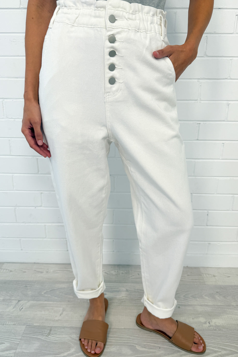 $11.29 White Paperbag Waist Multi Buttons Harem Jeans Wholesale