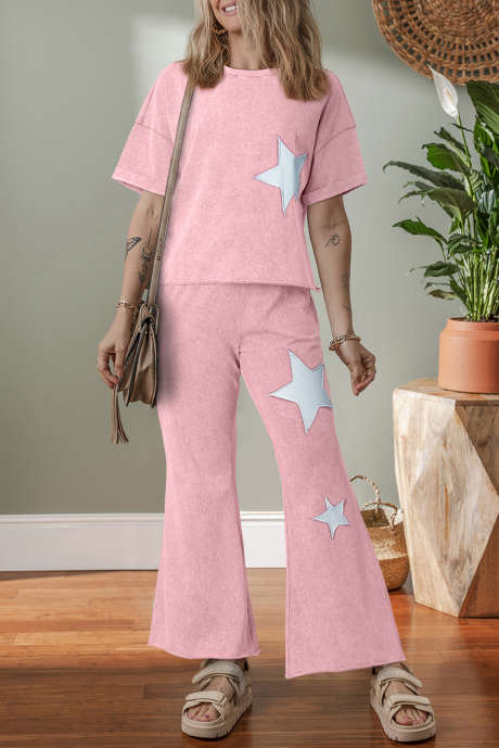 Light Pink Acid Wash Star Patched Rolled Trim Pants Set