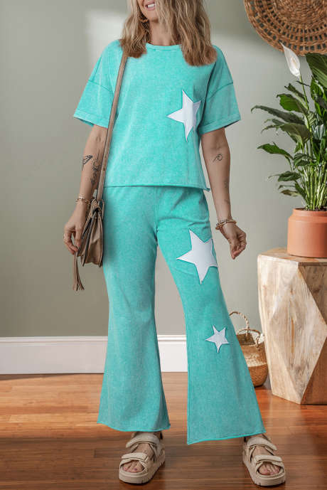 Mint Green Acid Wash Star Patched Rolled Trim Pants Set