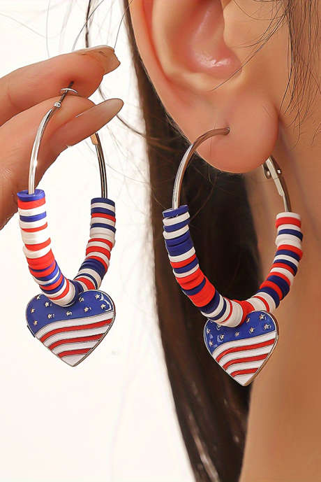 Sølvfarget US Flag Heart Pendant Beaded Big Hoop øredobber