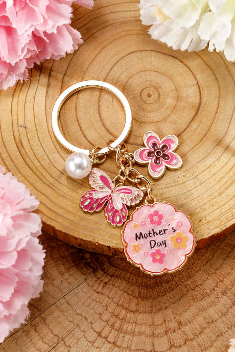 ボンボン 母の日 バタフライ フラワー パール チャーム 合金 キーホルダー
