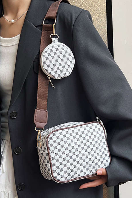 Sac à bandoulière en cuir PU à carreaux blancs avec porte-monnaie