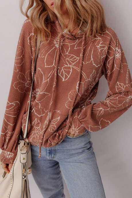 Sweat à capuche marron à motif floral torsadé et cordon de serrage avec poche kangourou
