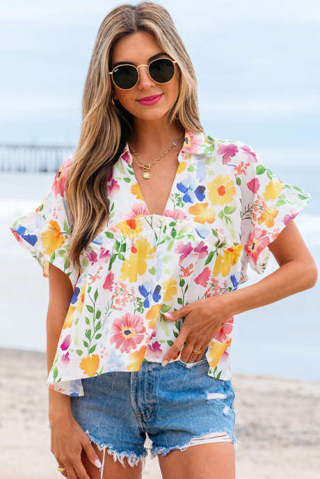 Gul Floral Boxy Fit Ruffled kortermet V-hals bluse