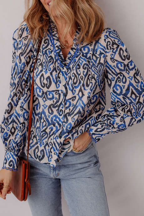 Camicia a maniche lunghe con stampa bohémien blu e scollo a V ricamato