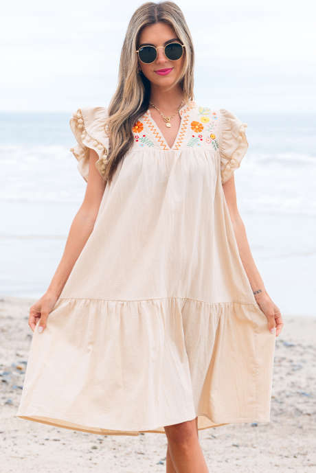 Jet Stream laneno vezenje z razcepljenim ovratnikom in pom pom rokavi z naborki, tekoča kratka obleka